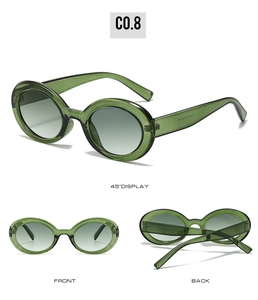 Three views of dark green oval sunglasses showing front, back, and 45-degree angles