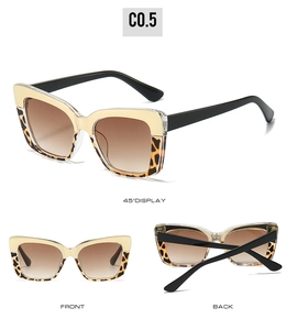 Vues détaillées de lunettes de soleil carrées œil-de-chat avec finition dorée et léopard