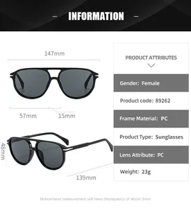 Detailed size chart for classic aviator sunglasses showing frame width and lens height