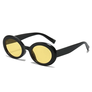 Retro oval sunglasses with black frames and yellow lenses shown at a 45-degree angle