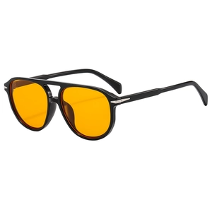 Retro aviator sunglasses with black frames and vibrant orange lenses at 45 degree angle