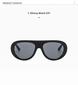 Front view of oval glossy black sunglasses with wide bridge design and dark grey lenses
