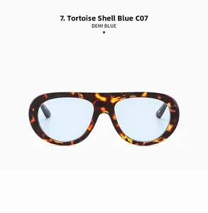 Detail view of model C07 sunglasses with demi blue frame and light blue lenses