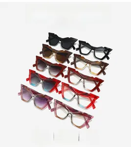 Detailed display of assorted geometric Y2K sunglasses in various trendy colors and frames