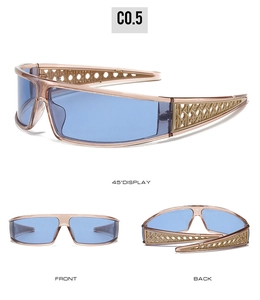 Vista a tre vie delle aste intrecciate oro champagne e lenti blu su occhiali futuristici