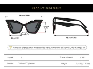 Detailed size chart for Y2K batwing cat eye sunglasses with measurements in cm and inches