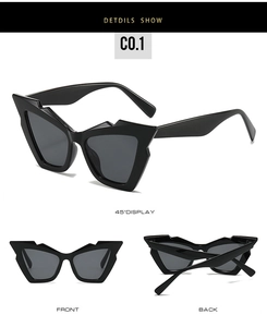 Three-way view of black geometric cat-eye sunglasses with sharp angular plastic frames