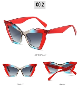 Three-angle display of Y2K geometric cat-eye sunglasses with red and blue gradient frames