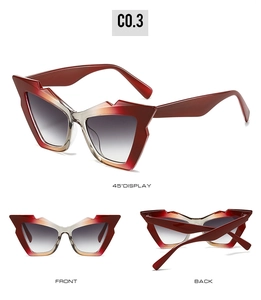 Three-view layout showing red-grey gradient cat-eye sunglasses from multiple angles