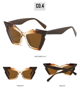 Three-way view of geometric cat-eye sunglasses in brown gradient with unique angular frame