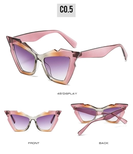 Three-way view of pink gradient cat-eye sunglasses with unique geometric angular frames