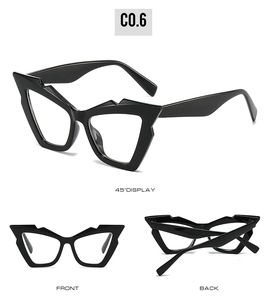 Detailed views of black geometric cat-eye sunglasses with sharp angular frame design