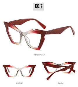 Macro view of C0.7 cat-eye glasses frame with red gradient and geometric top detail