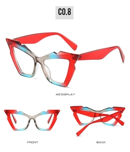 Three-view display of cat eye sunglasses with red and teal gradient geometric frames