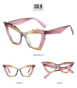 Three-angle display of gradient cat-eye sunglasses with geometric sawtooth frame edges