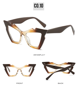 Three-way view of cat eye sunglasses with brown amber gradient and geometric frame