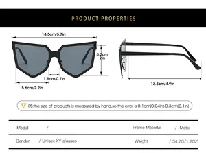 Size chart showing metal frame sunglasses dimensions with front and side views