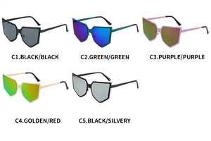 Detailed view of pentagonal shield sunglasses in five stylish color combinations