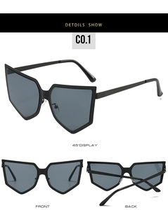 Multiple views of black geometric shield sunglasses showing front, back, and 45-degree angle