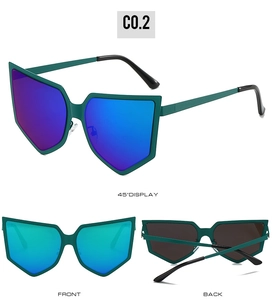 Three-view display of geometric oversized sunglasses with blue mirrored coating