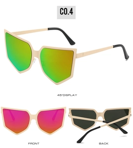 Detailed views of beige geometric sunglasses with multi-color gradient lenses