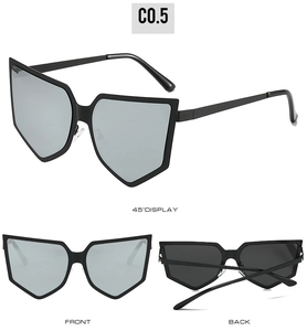 Three-view display of oversized geometric sunglasses with silver mirrored lenses