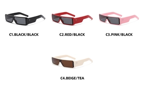 Detail view of Y2K rectangle sunglasses showing four color options with metal dot accents