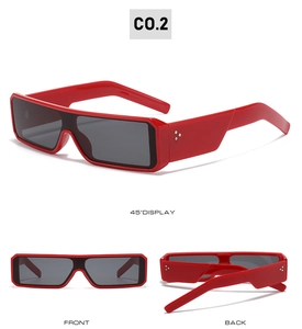 Three-way view of red Y2K rectangular sunglasses with silver rivets and wide temples