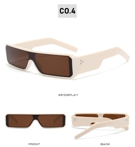 Detail view of cream-colored Y2K rectangular sunglasses with brown lenses and rivets