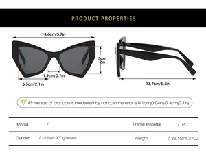 Detailed size chart for retro cat eye sunglasses showing front and side frame dimensions