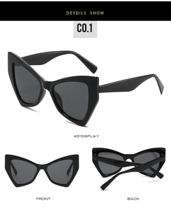 Detailed views of vintage cat eye sunglasses with thick black frames and dark grey lenses