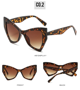 Detailed views of tortoise shell cat-eye sunglasses with brown gradient lenses