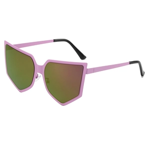 Oversized irregular pink sunglasses with yellow-green mirrored lenses and black temple tips