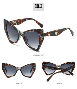 Three-view display of cat-eye sunglasses with mixed tortoiseshell texture and grey gradient lenses