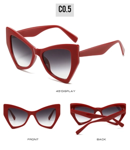 Detailed views of red cat-eye sunglasses with gradient lenses and geometric frames