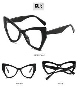 Three-view display of black cat-eye sunglasses including front, back and 45-degree angle