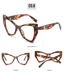 Three-view display of cat-eye frames in colorful tortoiseshell acetate finish
