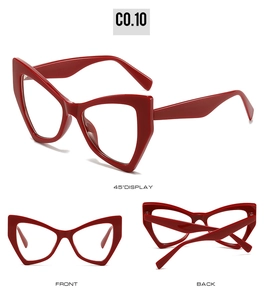Three-angle view of bright red cat-eye glasses frames showing the bold butterfly shape