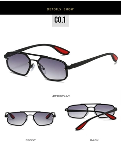 Detail views of double bridge sunglasses with purple gradient lenses and red temple pads