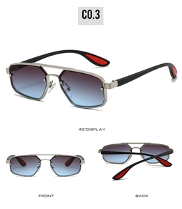 Detailed views of double-bridge sunglasses with silver metal frames and gradient lenses