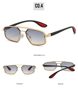 Detail view of gold double-bridge sunglasses with blue-orange gradient lenses