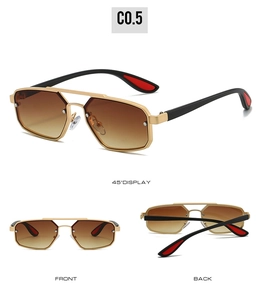 Detailed views of double-bridge hexagon metal sunglasses with C0.5 gradient lenses
