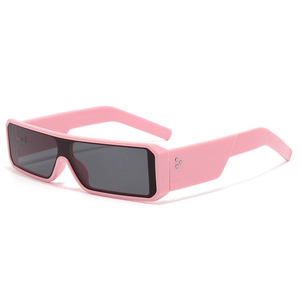 Y2K pink rectangular sunglasses with black lenses and silver rivet temple details