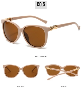 Three-angle view of oversized nude sunglasses showing 45-degree, front, and back details