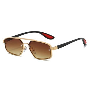 Modern double bridge pilot sunglasses with gold metal frame and brown gradient lenses