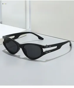 Detail of trendy oval cat-eye sunglasses with hollowed double-layer temple design