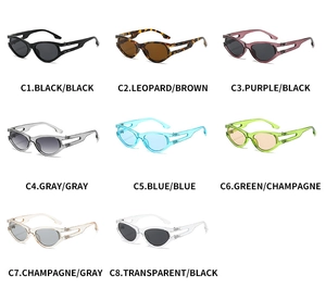 Multiple colors of oval sunglasses with hollow temples in black, leopard, and tints