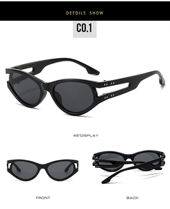 Detailed side view of black oval sunglasses featuring hollow temples and metal rivets