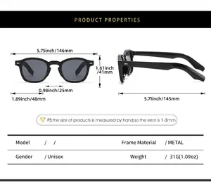 Detailed size chart for vintage metal round sunglasses with precise frame measurements