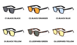Detailed grid of retro square sunglasses in six color variants with metal rivets